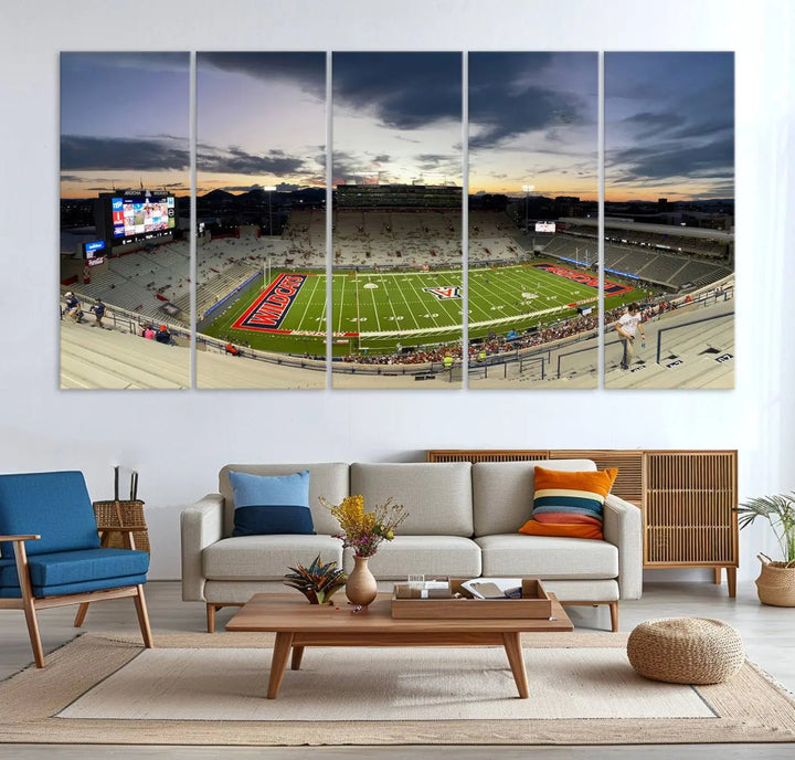 The Arizona Wildcats Football Team Print, featuring the Tucson Arizona Stadium at sunset, is elegantly displayed. This museum-quality canvas split art offers a breathtaking visual experience. The ready-to-hang, high-resolution print brings the scene to life with vibrant details.