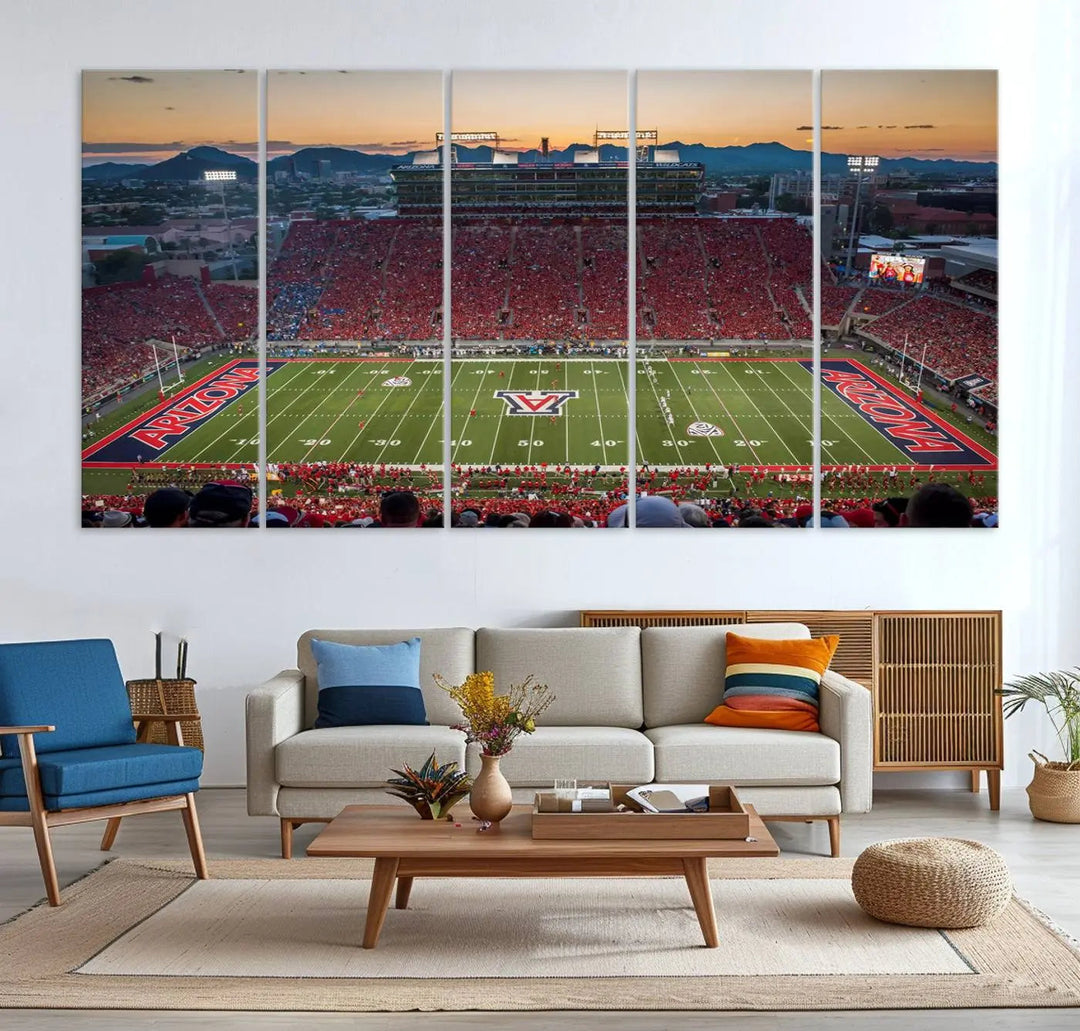 Triptych wall art featuring the Arizona Wildcats Football Team at the Tucson Arizona Stadium during sunset, printed in high-resolution on canvas.