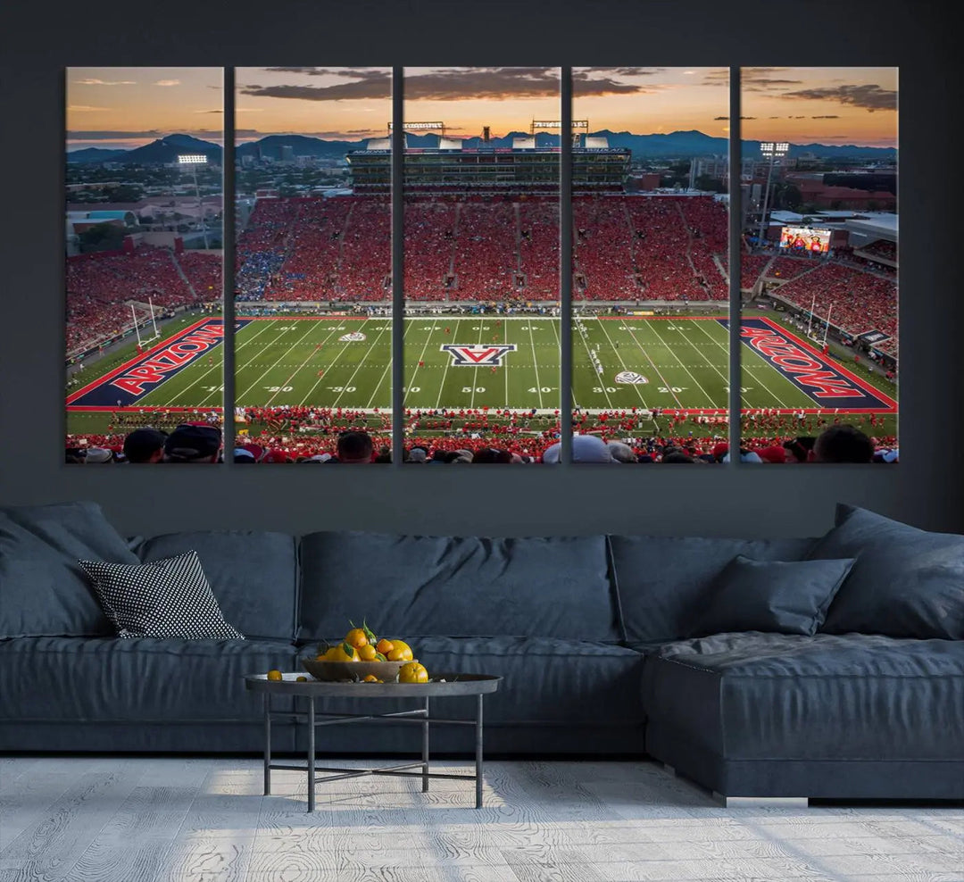 The Arizona Wildcats Football Team Print, a stunning canvas depiction of the Tucson Arizona Stadium at sunset, elegantly hangs in the room.