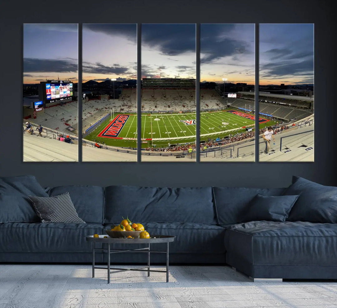 The Arizona Wildcats Football Team Print, featuring the Tucson Arizona Stadium at sunset, is elegantly displayed. This museum-quality canvas split art offers a breathtaking visual experience. The ready-to-hang, high-resolution print brings the scene to life with vibrant details.