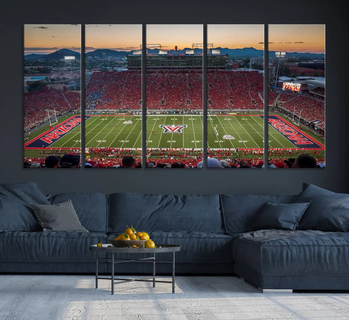 Triptych wall art featuring the Arizona Wildcats Football Team at the Tucson Arizona Stadium during sunset, printed in high-resolution on canvas.