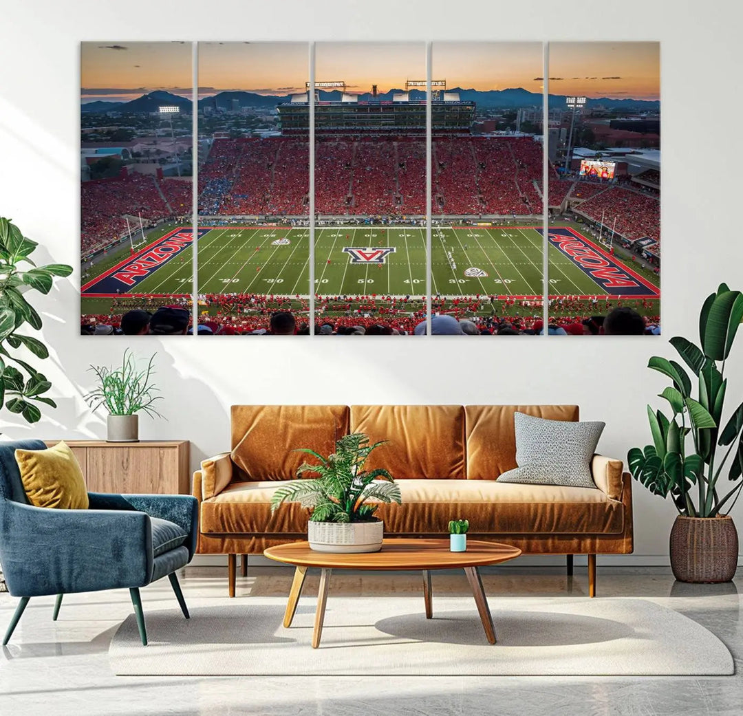 Triptych wall art featuring the Arizona Wildcats Football Team at the Tucson Arizona Stadium during sunset, printed in high-resolution on canvas.