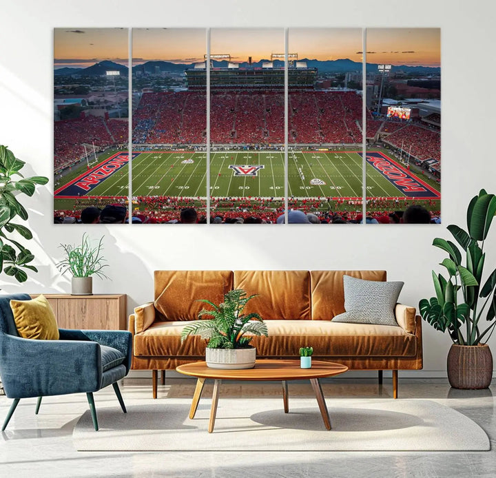 Triptych wall art featuring the Arizona Wildcats Football Team at the Tucson Arizona Stadium during sunset, printed in high-resolution on canvas.