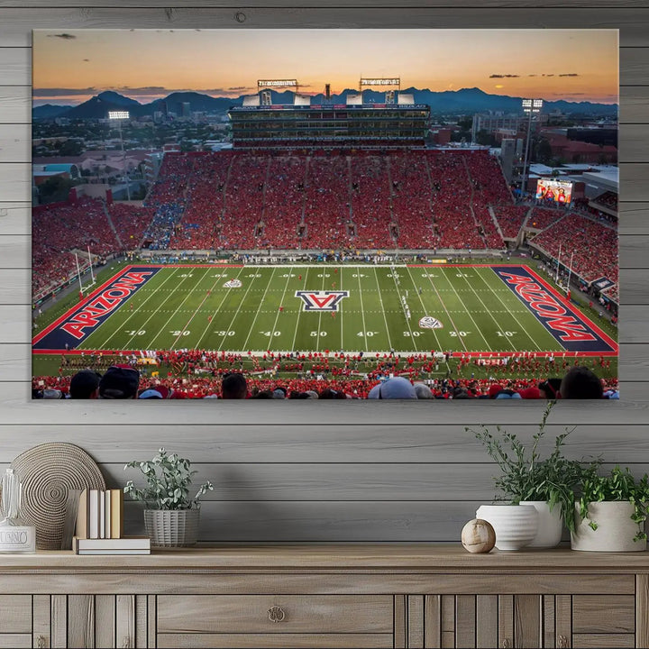 Triptych wall art featuring the Arizona Wildcats Football Team at the Tucson Arizona Stadium during sunset, printed in high-resolution on canvas.