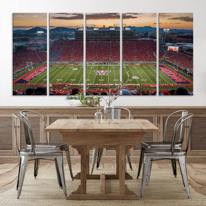 The Arizona Wildcats Football Team Print, a stunning canvas depiction of the Tucson Arizona Stadium at sunset, elegantly hangs in the room.