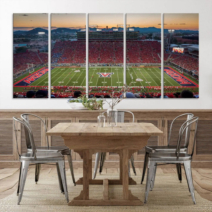 Triptych wall art featuring the Arizona Wildcats Football Team at the Tucson Arizona Stadium during sunset, printed in high-resolution on canvas.