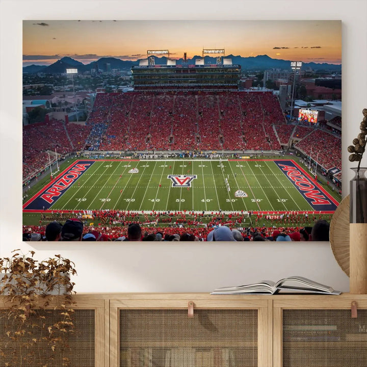 Triptych wall art featuring the Arizona Wildcats Football Team at the Tucson Arizona Stadium during sunset, printed in high-resolution on canvas.