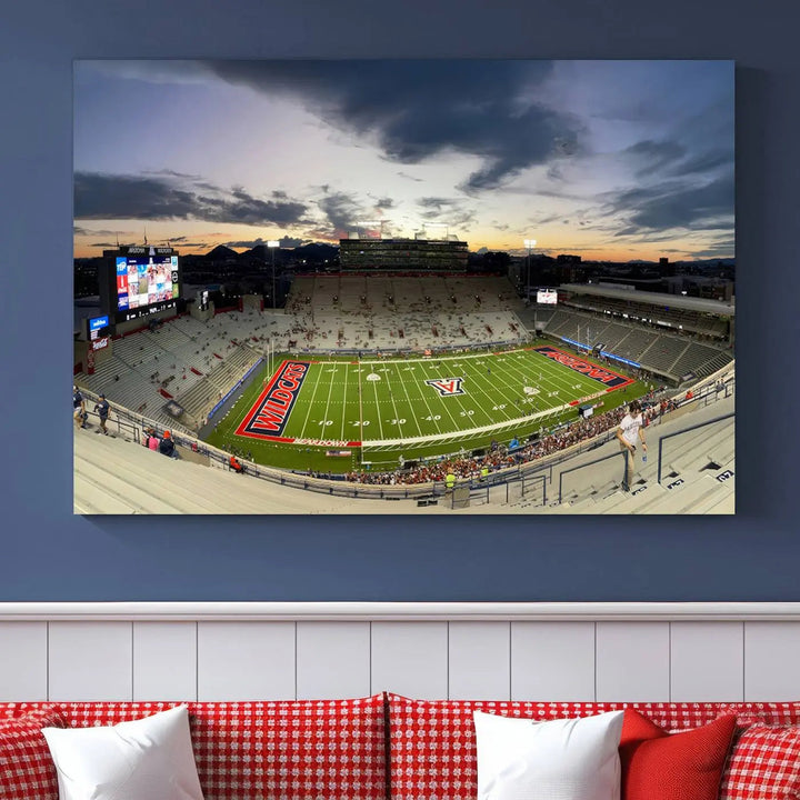 The Arizona Wildcats Football Team Print, featuring the Tucson Arizona Stadium at sunset, is elegantly displayed. This museum-quality canvas split art offers a breathtaking visual experience. The ready-to-hang, high-resolution print brings the scene to life with vibrant details.