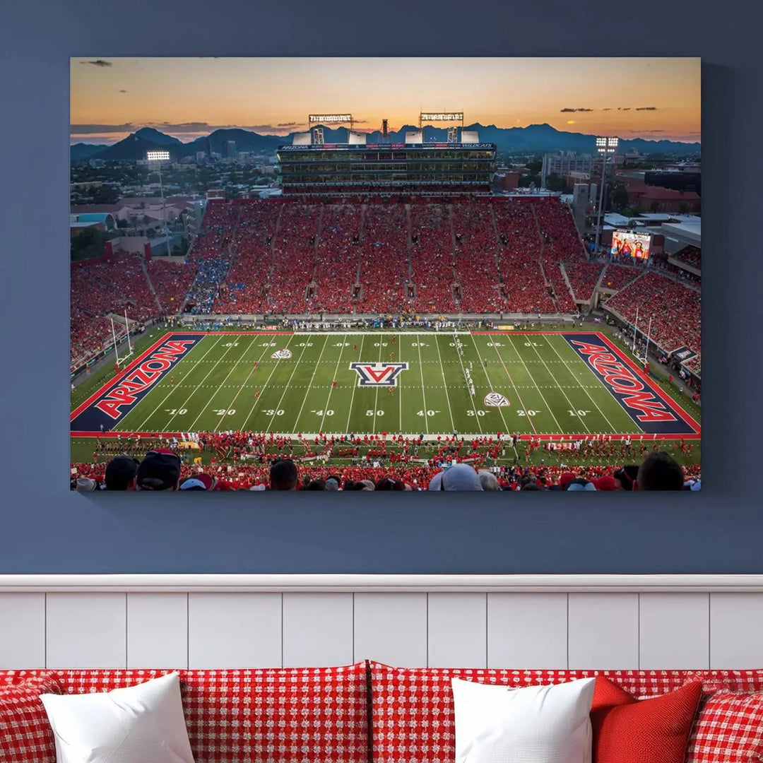 Triptych wall art featuring the Arizona Wildcats Football Team at the Tucson Arizona Stadium during sunset, printed in high-resolution on canvas.