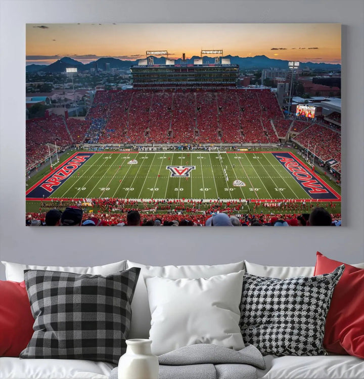 Triptych wall art featuring the Arizona Wildcats Football Team at the Tucson Arizona Stadium during sunset, printed in high-resolution on canvas.