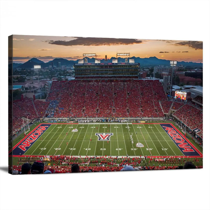 The Arizona Wildcats Football Team Print, a stunning canvas depiction of the Tucson Arizona Stadium at sunset, elegantly hangs in the room.