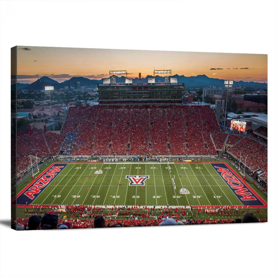 Triptych wall art featuring the Arizona Wildcats Football Team at the Tucson Arizona Stadium during sunset, printed in high-resolution on canvas.