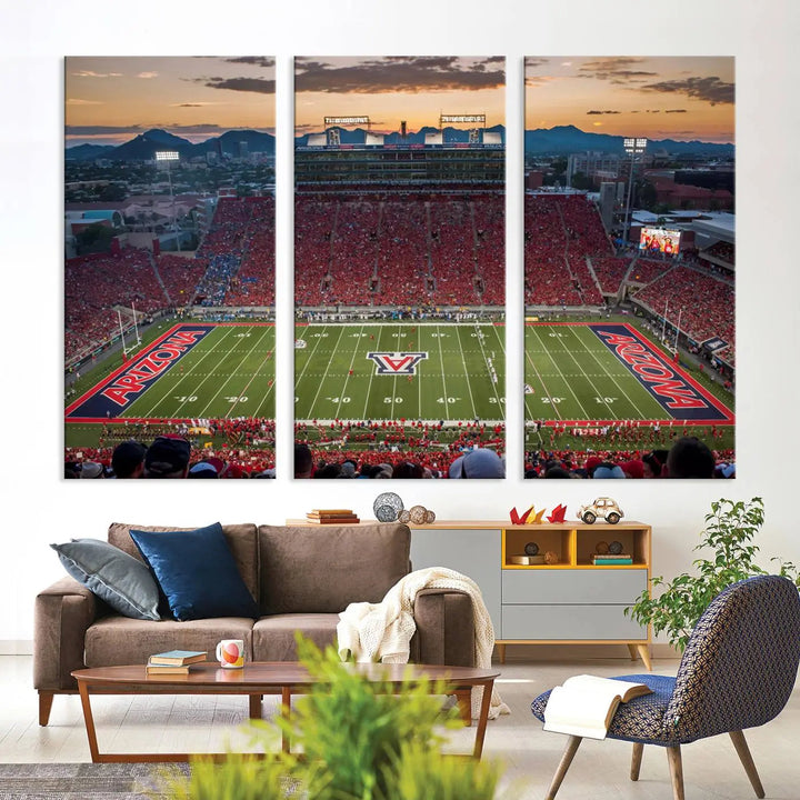 The Arizona Wildcats Football Team Print, a stunning canvas depiction of the Tucson Arizona Stadium at sunset, elegantly hangs in the room.