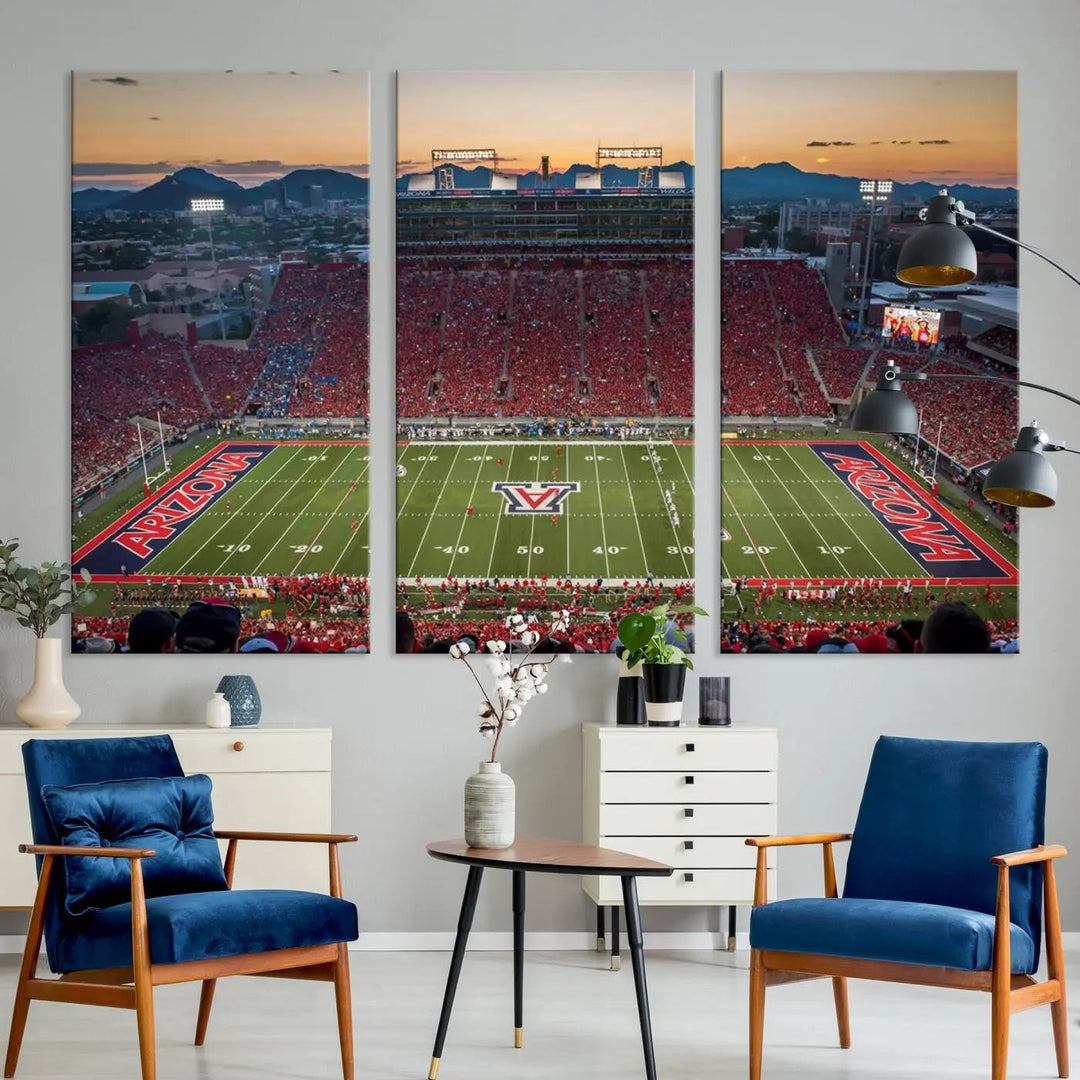 Triptych wall art featuring the Arizona Wildcats Football Team at the Tucson Arizona Stadium during sunset, printed in high-resolution on canvas.