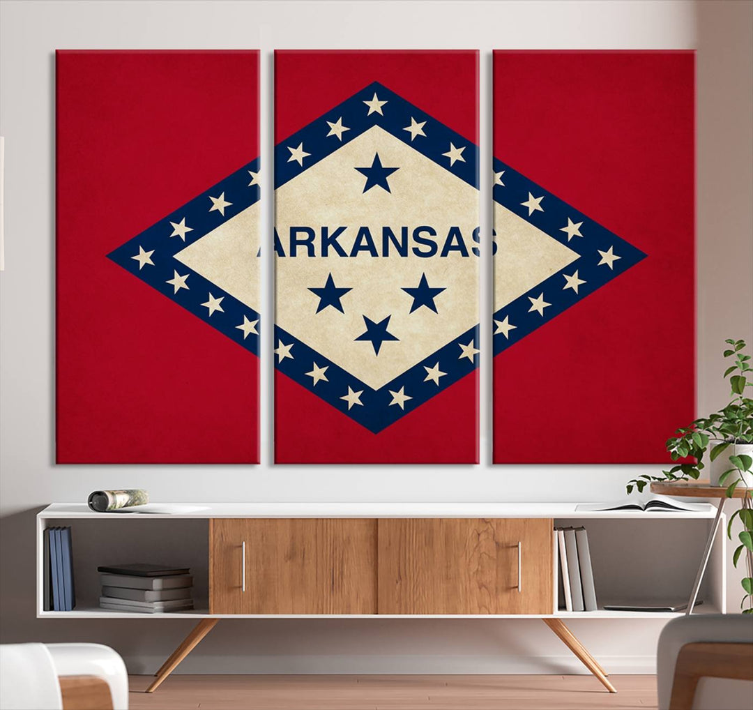 The Arkansas Flag Wall Art Canvas Print is displayed on gallery-wrapped, museum-quality canvases. Its vibrant colors are preserved by a UV-protective coating, ensuring long-lasting brilliance in your living space.