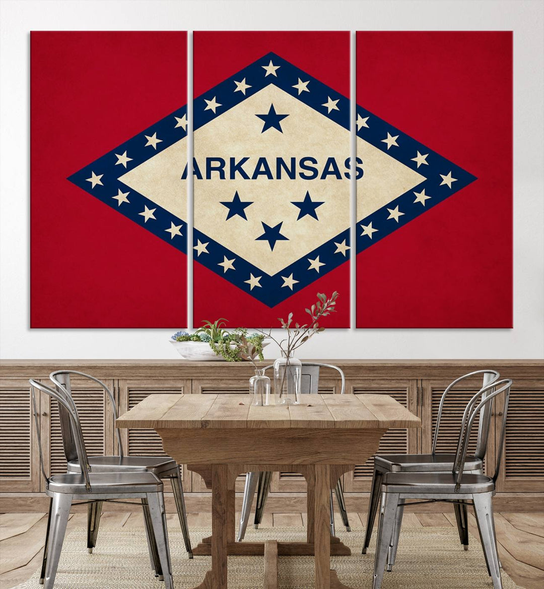 The Arkansas Flag Wall Art Canvas Print is displayed on gallery-wrapped, museum-quality canvases. Its vibrant colors are preserved by a UV-protective coating, ensuring long-lasting brilliance in your living space.