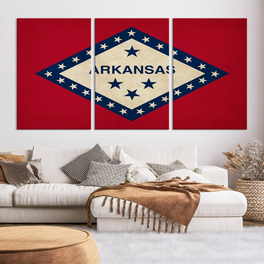 The Arkansas Flag Wall Art Canvas Print is displayed on gallery-wrapped, museum-quality canvases. Its vibrant colors are preserved by a UV-protective coating, ensuring long-lasting brilliance in your living space.