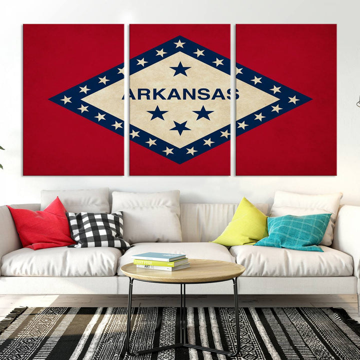 The Arkansas Flag Wall Art Canvas Print is displayed on gallery-wrapped, museum-quality canvases. Its vibrant colors are preserved by a UV-protective coating, ensuring long-lasting brilliance in your living space.