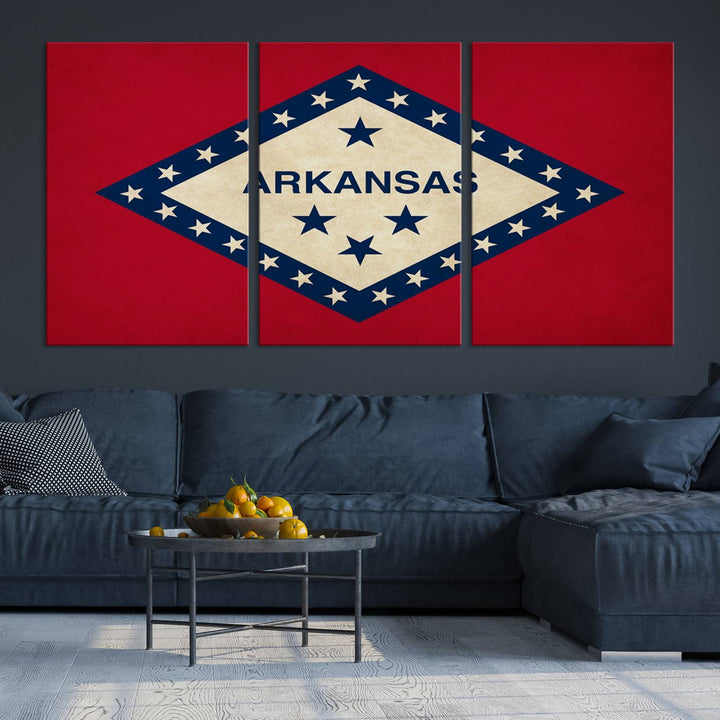 The Arkansas Flag Wall Art Canvas Print is displayed on gallery-wrapped, museum-quality canvases. Its vibrant colors are preserved by a UV-protective coating, ensuring long-lasting brilliance in your living space.