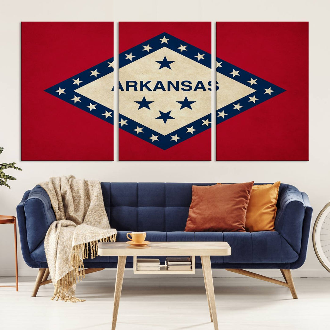 The Arkansas Flag Wall Art Canvas Print is displayed on gallery-wrapped, museum-quality canvases. Its vibrant colors are preserved by a UV-protective coating, ensuring long-lasting brilliance in your living space.