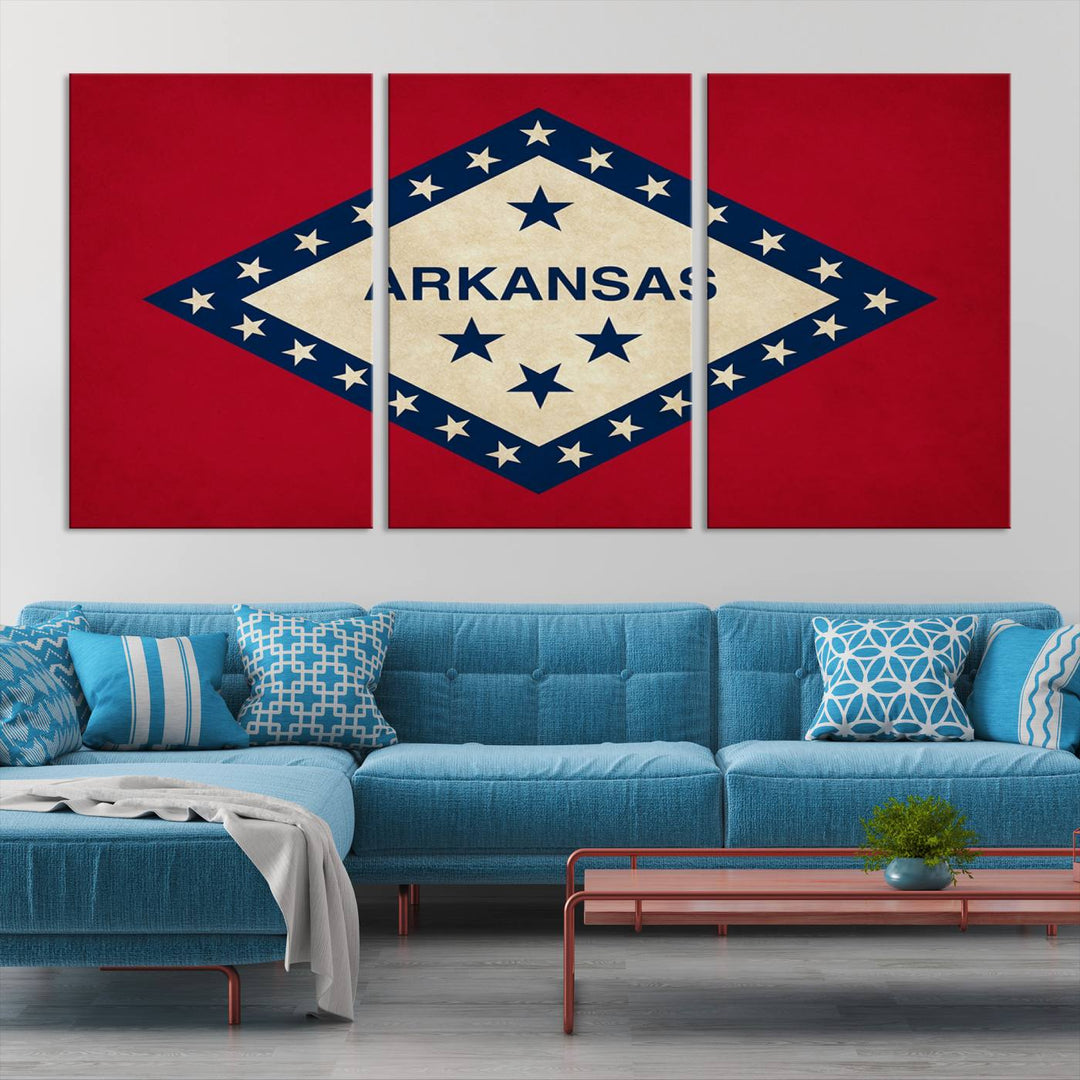 The Arkansas Flag Wall Art Canvas Print is displayed on gallery-wrapped, museum-quality canvases. Its vibrant colors are preserved by a UV-protective coating, ensuring long-lasting brilliance in your living space.