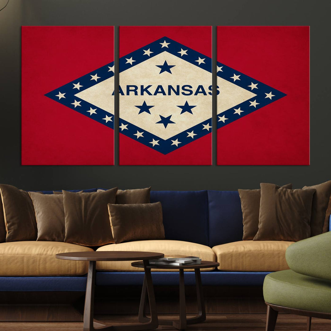 The Arkansas Flag Wall Art Canvas Print is displayed on gallery-wrapped, museum-quality canvases. Its vibrant colors are preserved by a UV-protective coating, ensuring long-lasting brilliance in your living space.