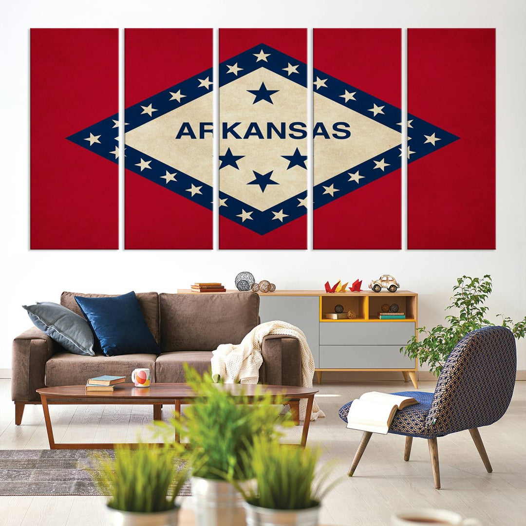 The Arkansas Flag Wall Art Canvas Print is displayed on gallery-wrapped, museum-quality canvases. Its vibrant colors are preserved by a UV-protective coating, ensuring long-lasting brilliance in your living space.