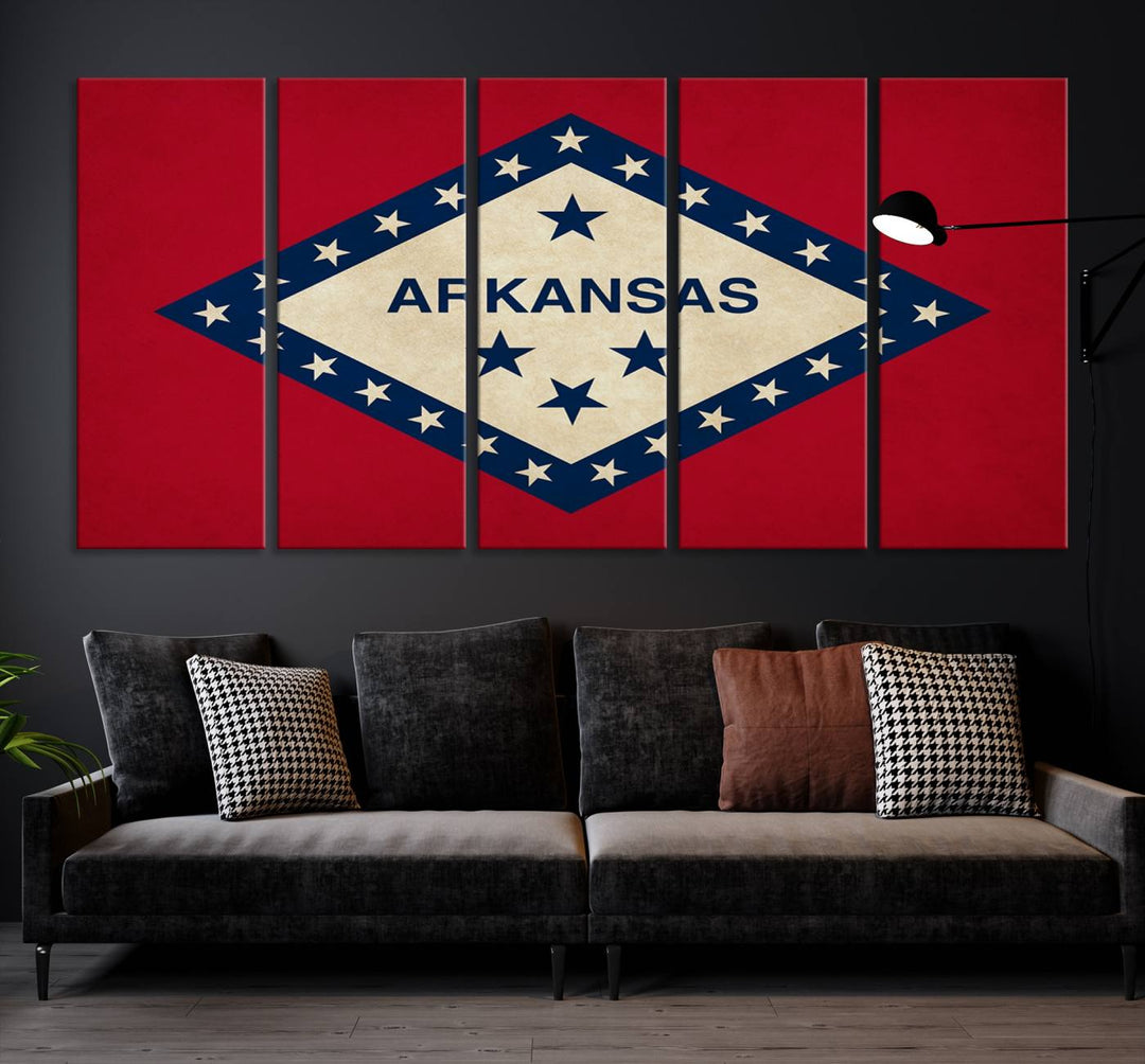 The Arkansas Flag Wall Art Canvas Print is displayed on gallery-wrapped, museum-quality canvases. Its vibrant colors are preserved by a UV-protective coating, ensuring long-lasting brilliance in your living space.