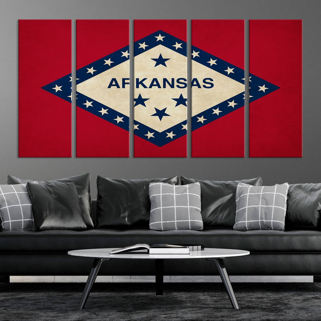 The Arkansas Flag Wall Art Canvas Print is displayed on gallery-wrapped, museum-quality canvases. Its vibrant colors are preserved by a UV-protective coating, ensuring long-lasting brilliance in your living space.