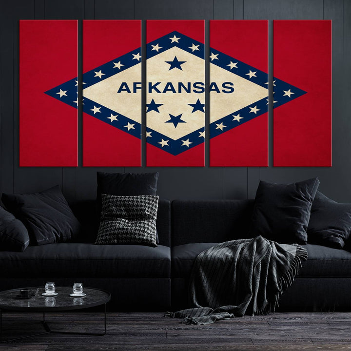 The Arkansas Flag Wall Art Canvas Print is displayed on gallery-wrapped, museum-quality canvases. Its vibrant colors are preserved by a UV-protective coating, ensuring long-lasting brilliance in your living space.