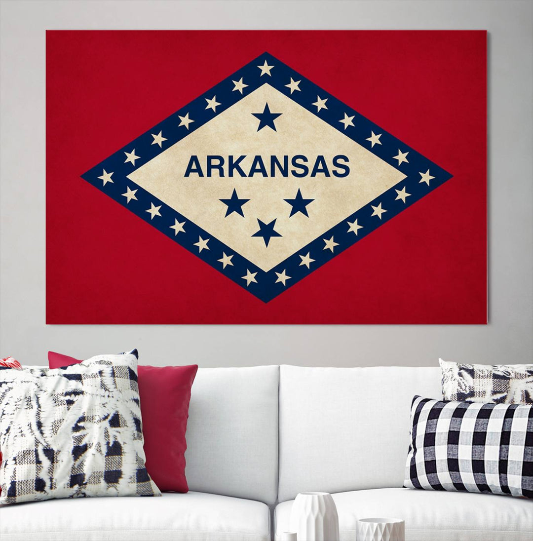 The Arkansas Flag Wall Art Canvas Print is displayed on gallery-wrapped, museum-quality canvases. Its vibrant colors are preserved by a UV-protective coating, ensuring long-lasting brilliance in your living space.