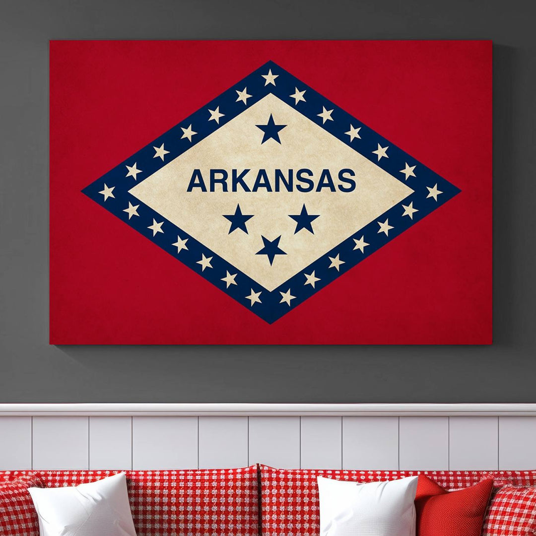 The Arkansas Flag Wall Art Canvas Print is displayed on gallery-wrapped, museum-quality canvases. Its vibrant colors are preserved by a UV-protective coating, ensuring long-lasting brilliance in your living space.