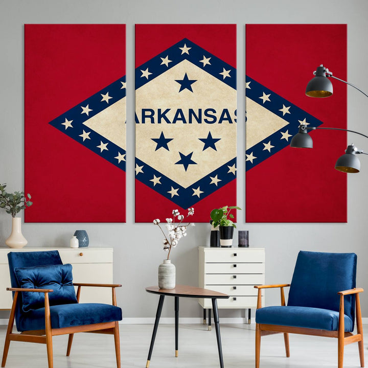 The Arkansas Flag Wall Art Canvas Print is displayed on gallery-wrapped, museum-quality canvases. Its vibrant colors are preserved by a UV-protective coating, ensuring long-lasting brilliance in your living space.