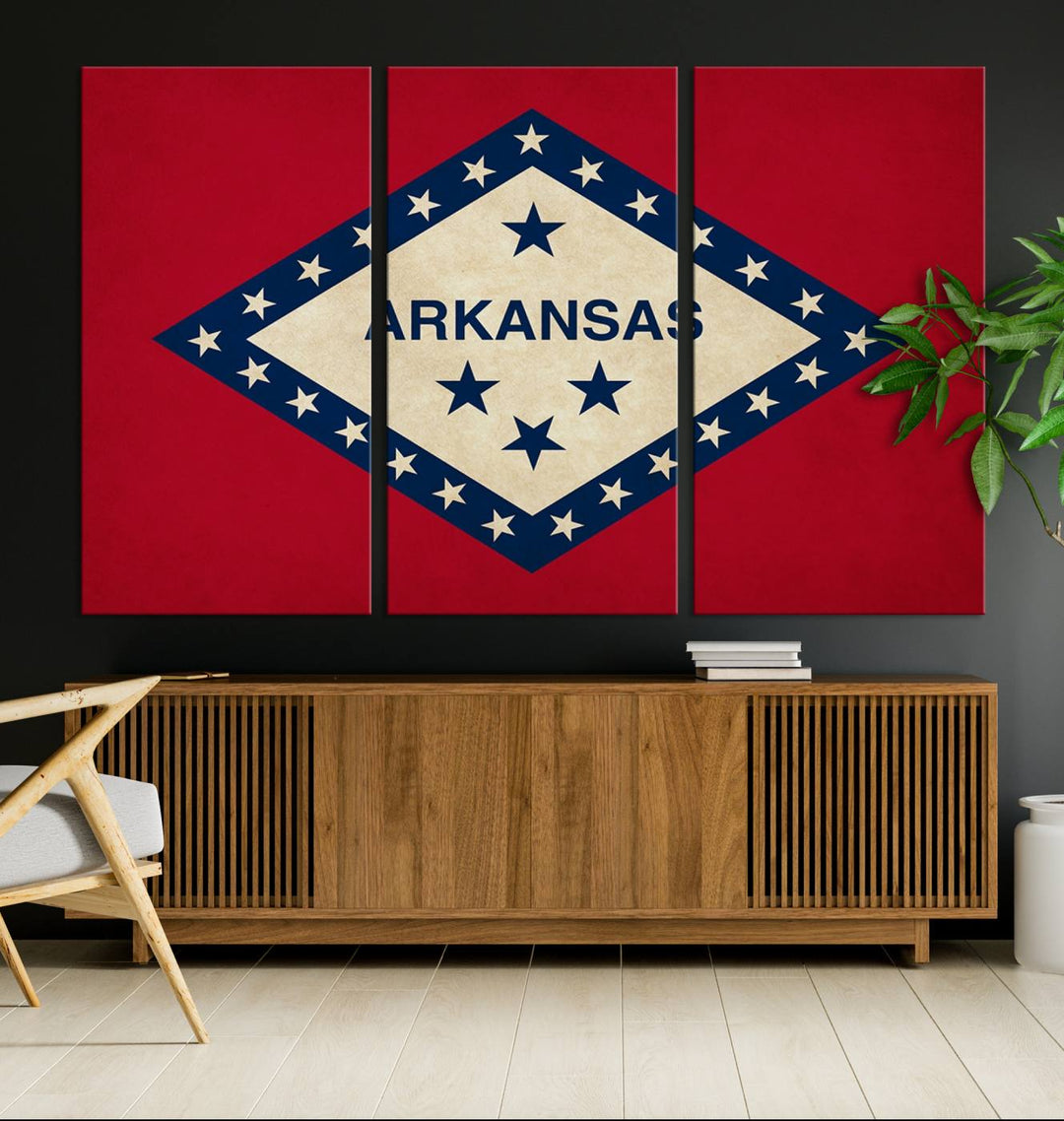 The Arkansas Flag Wall Art Canvas Print is displayed on gallery-wrapped, museum-quality canvases. Its vibrant colors are preserved by a UV-protective coating, ensuring long-lasting brilliance in your living space.