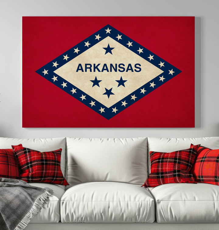 The Arkansas Flag Wall Art Canvas Print is displayed on gallery-wrapped, museum-quality canvases. Its vibrant colors are preserved by a UV-protective coating, ensuring long-lasting brilliance in your living space.