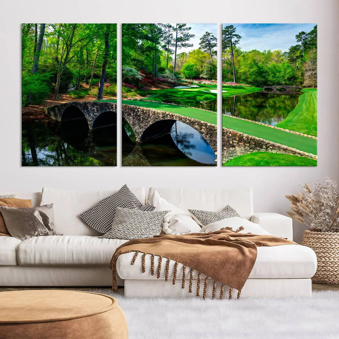 A living room tailored for a golf enthusiast showcases the Augusta National Golf Club Wall Art – Panoramic Bridge & Lush Greenery in a premium framed, ready-to-hang triptych canvas.