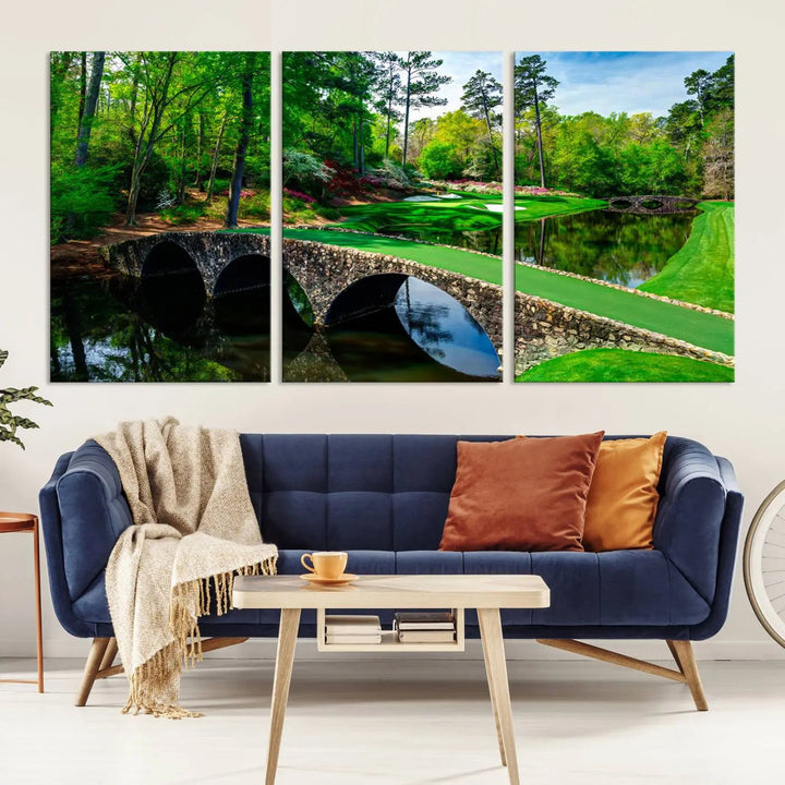 A living room tailored for a golf enthusiast showcases the Augusta National Golf Club Wall Art – Panoramic Bridge & Lush Greenery in a premium framed, ready-to-hang triptych canvas.