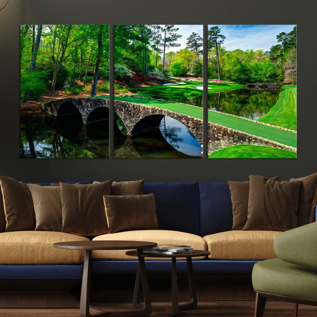 A living room tailored for a golf enthusiast showcases the Augusta National Golf Club Wall Art – Panoramic Bridge & Lush Greenery in a premium framed, ready-to-hang triptych canvas.