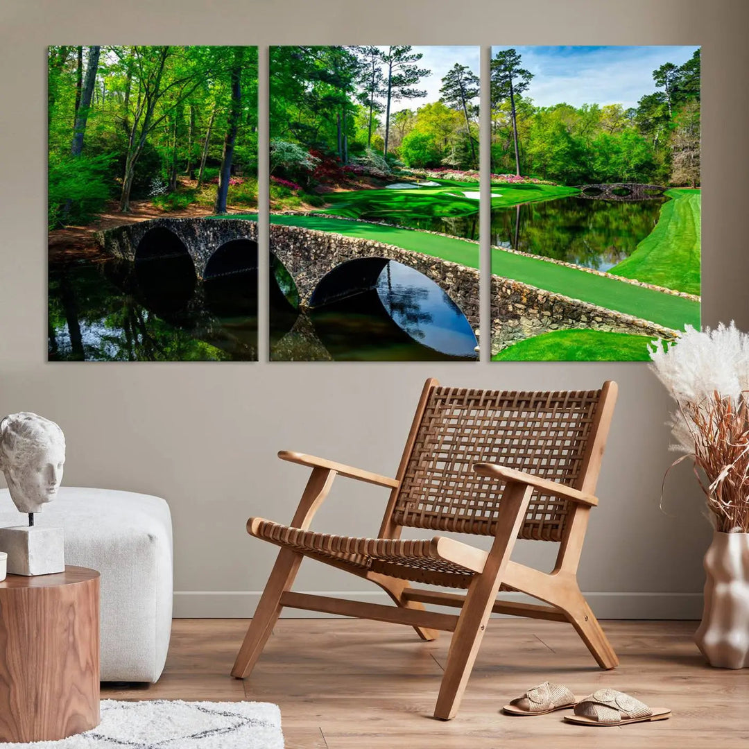 A living room tailored for a golf enthusiast showcases the Augusta National Golf Club Wall Art – Panoramic Bridge & Lush Greenery in a premium framed, ready-to-hang triptych canvas.