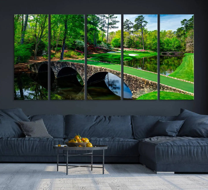 A living room tailored for a golf enthusiast showcases the Augusta National Golf Club Wall Art – Panoramic Bridge & Lush Greenery in a premium framed, ready-to-hang triptych canvas.