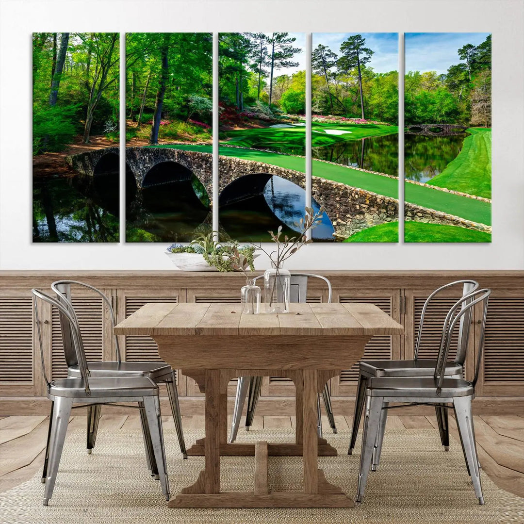 A living room tailored for a golf enthusiast showcases the Augusta National Golf Club Wall Art – Panoramic Bridge & Lush Greenery in a premium framed, ready-to-hang triptych canvas.