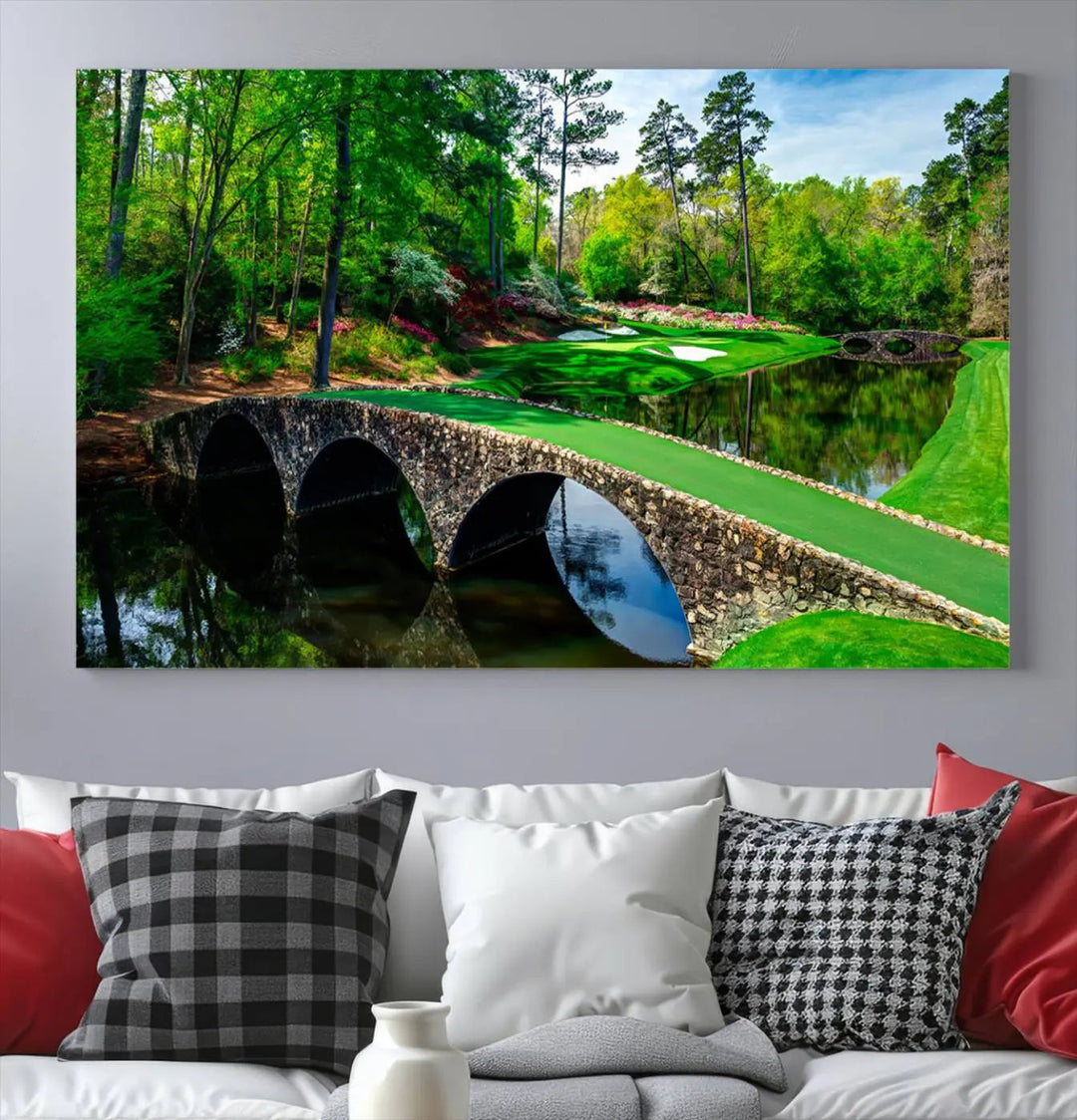 A living room tailored for a golf enthusiast showcases the Augusta National Golf Club Wall Art – Panoramic Bridge & Lush Greenery in a premium framed, ready-to-hang triptych canvas.