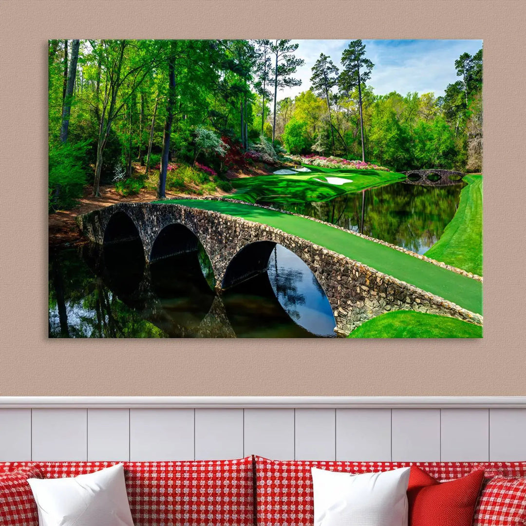 A living room tailored for a golf enthusiast showcases the Augusta National Golf Club Wall Art – Panoramic Bridge & Lush Greenery in a premium framed, ready-to-hang triptych canvas.