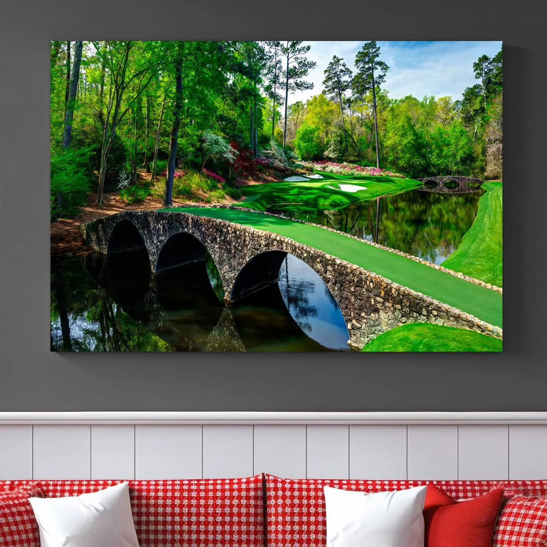 A living room tailored for a golf enthusiast showcases the Augusta National Golf Club Wall Art – Panoramic Bridge & Lush Greenery in a premium framed, ready-to-hang triptych canvas.