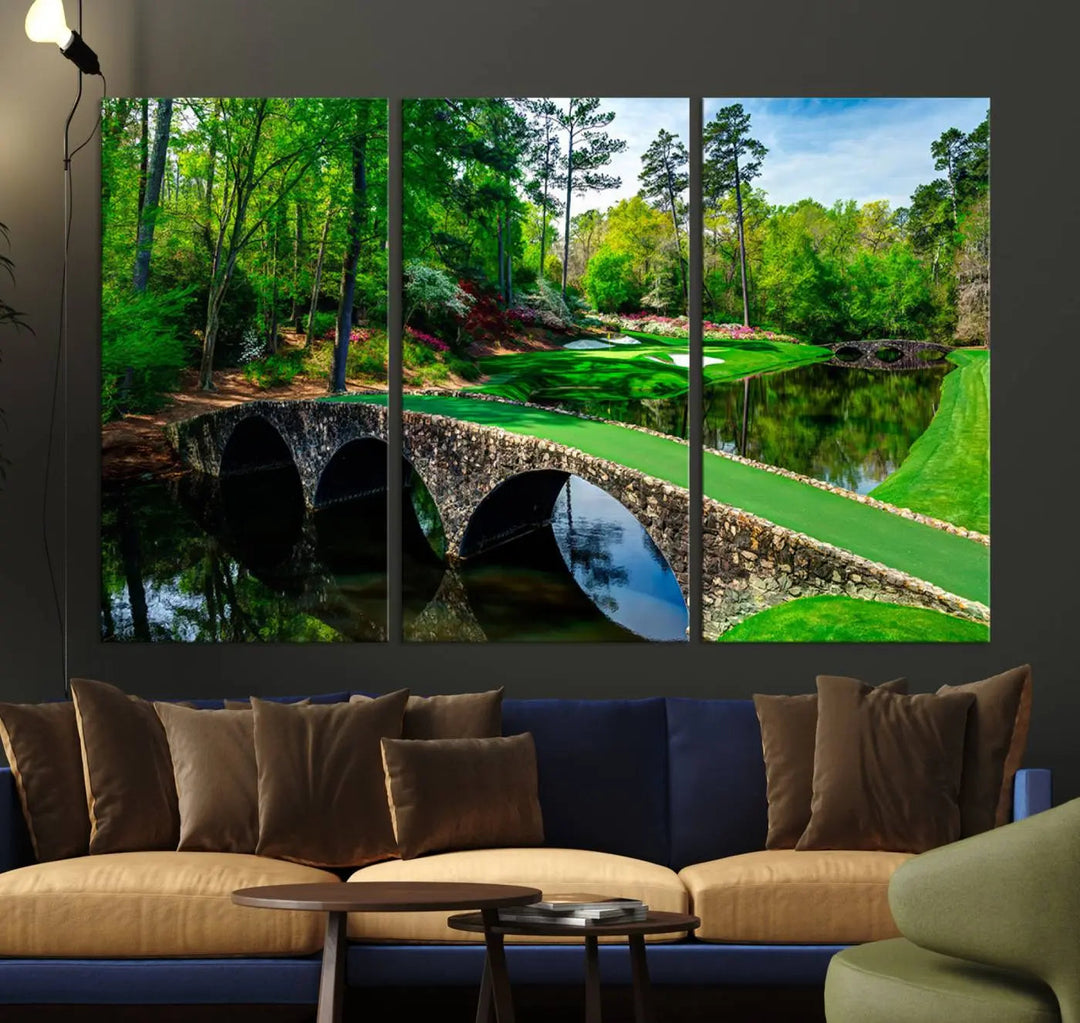 A living room tailored for a golf enthusiast showcases the Augusta National Golf Club Wall Art – Panoramic Bridge & Lush Greenery in a premium framed, ready-to-hang triptych canvas.