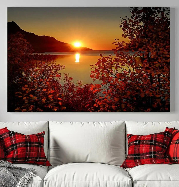 Autumn Sunset Over Lake 3-Panel Giclee Canvas Art, a large fall-themed piece depicting a tranquil nature landscape, hangs beautifully.