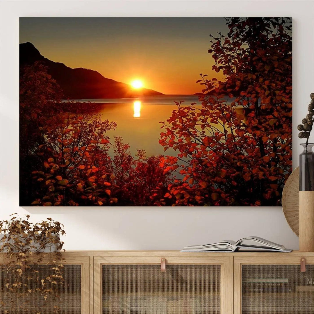 Autumn Sunset Over Lake 3-Panel Giclee Canvas Art, a large fall-themed piece depicting a tranquil nature landscape, hangs beautifully.