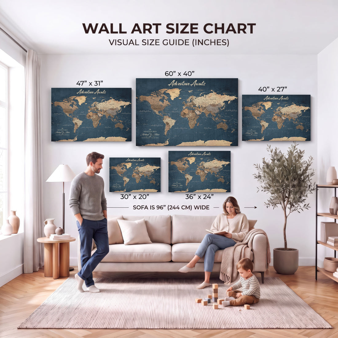 Personalized Framed Blue World Map Canvas with Push Pins, Bucket List Map, Family Room and Study Decor