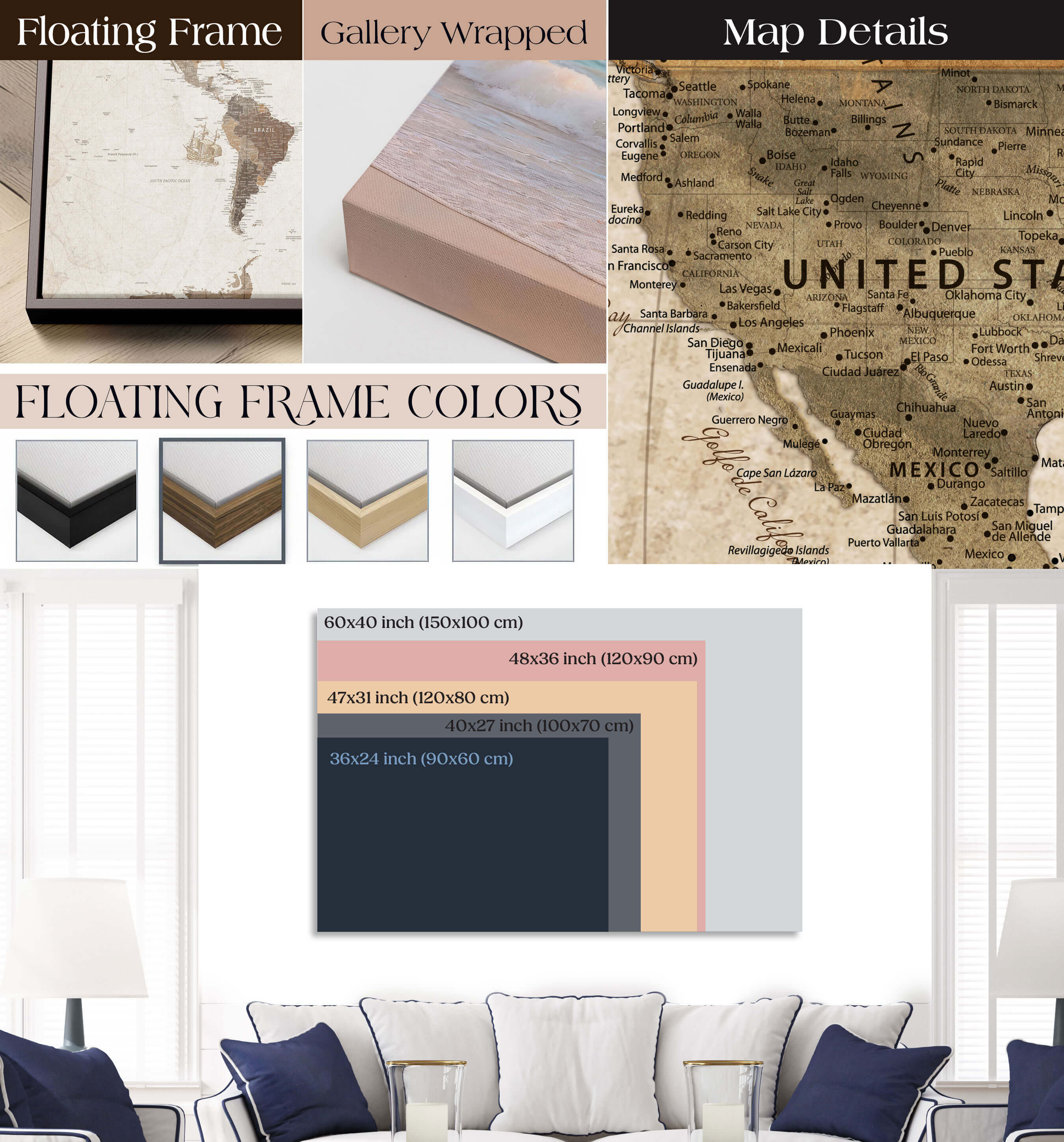 11398637-MGV-CV-36X24-Personalized Vintage World Map Canvas Print – Framed Push Pin Travel Tracker Neutral Elegant Artwork for Home, Office