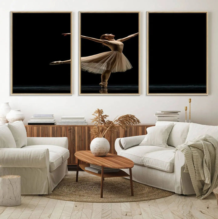 Displayed in a modern, minimalistic room is the Ballerina Canvas Wall Art Print titled "Elegant Ballet Dancer in Motion," an exquisite dance-inspired wall decor that captures the grace of a ballerina.